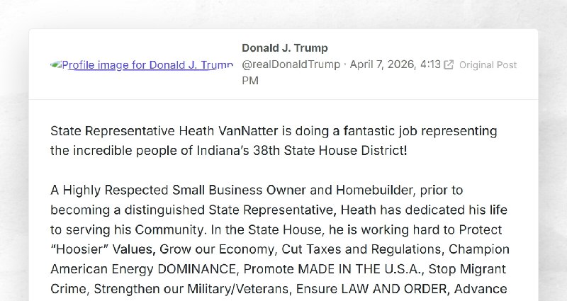 Donald J. Trump: "State Representative Heath VanNatter is doing a fantastic job representing t...