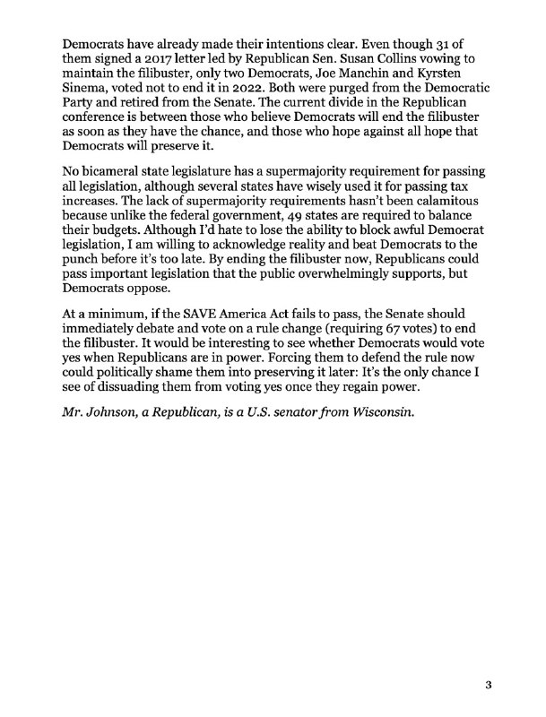 Sen. Ron Johnson: Move to End the Filibuster Now—Before Democrats Do: 