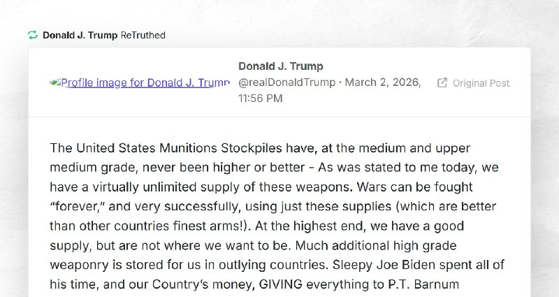 Donald J. Trump: "RT @realDonaldTrumpThe United States Munitions Stockpiles have, at the mediu...