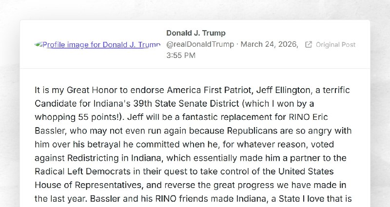 Donald J. Trump: "It is my Great Honor to endorse America First Patriot, Jeff Ellington, a ter...