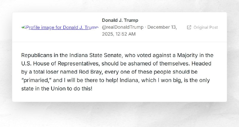 Donald J. Trump: "Republicans in the Indiana State Senate, who voted against a Majority in the...
