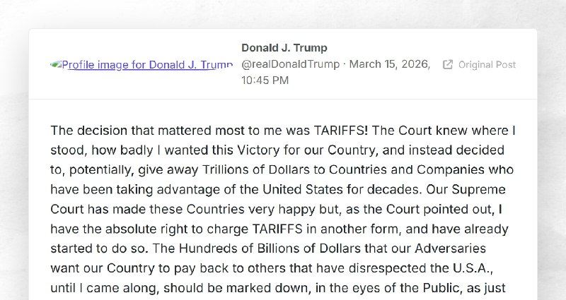 Donald J. Trump: "The decision that mattered most to me was TARIFFS! The Court knew where I st...