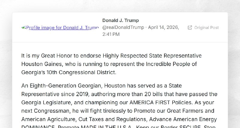 Donald J. Trump: "It is my Great Honor to endorse Highly Respected State Representative Housto...