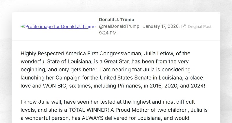 Donald J. Trump: "Highly Respected America First Congresswoman, Julia Letlow, of the wonderful...