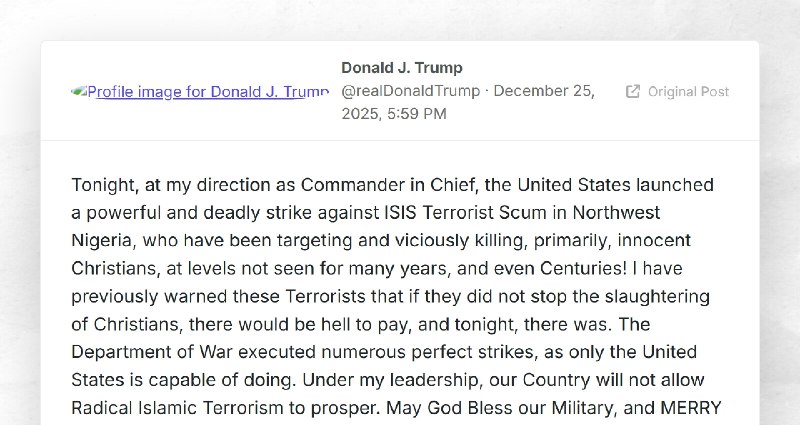Donald J. Trump: "Tonight, at my direction as Commander in Chief, the United States launched a...