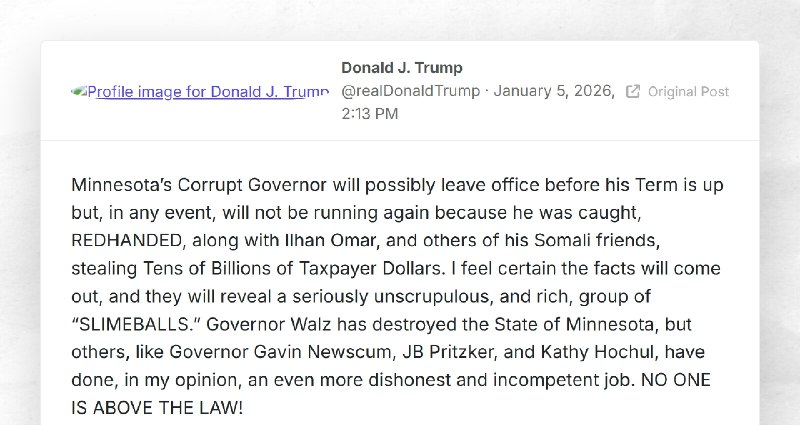 Donald J. Trump: "Minnesota’s Corrupt Governor will possibly leave office before his Term is u...