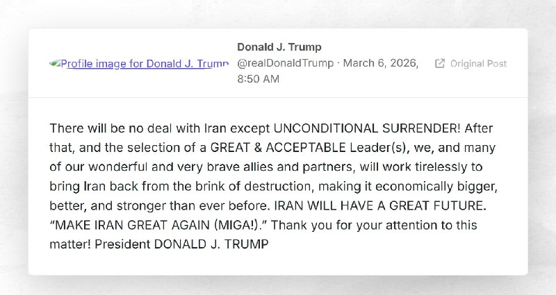 Donald J. Trump: "There will be no deal with Iran except UNCONDITIONAL SURRENDER! After that, ...