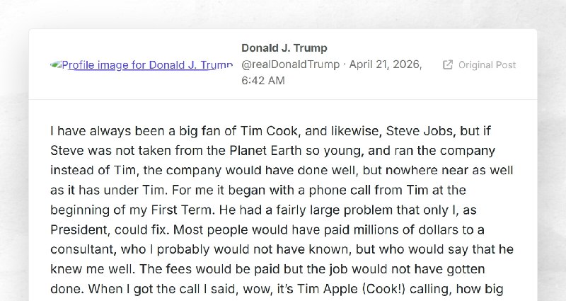 Donald J. Trump: "I have always been a big fan of Tim Cook, and likewise, Steve Jobs, but if S...