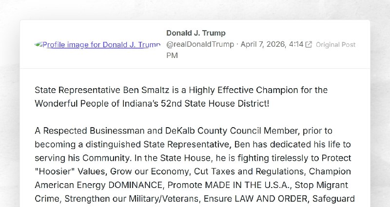 Donald J. Trump: "State Representative Ben Smaltz is a Highly Effective Champion for the Wonde...