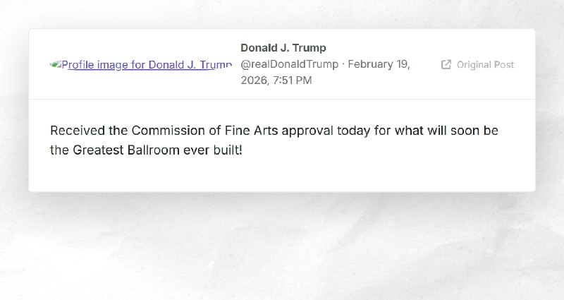 Donald J. Trump: "Received the Commission of Fine Arts approval today for what will soon be th...