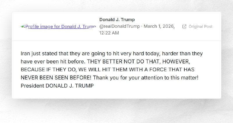 Donald J. Trump: "Iran just stated that they are going to hit very hard today, harder than the...