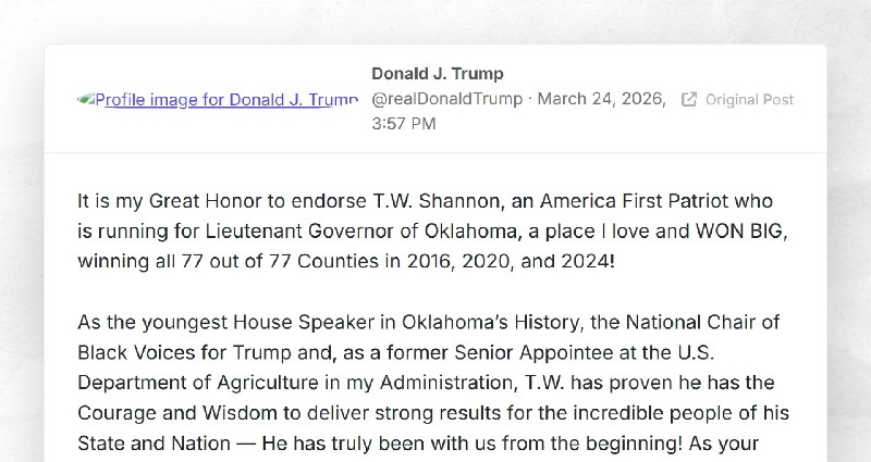 Donald J. Trump: "It is my Great Honor to endorse T.W. Shannon, an America First Patriot who i...