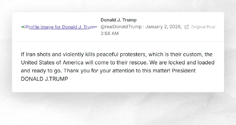 Donald J. Trump: "If Iran shots and violently kills peaceful protesters, which is their custom...