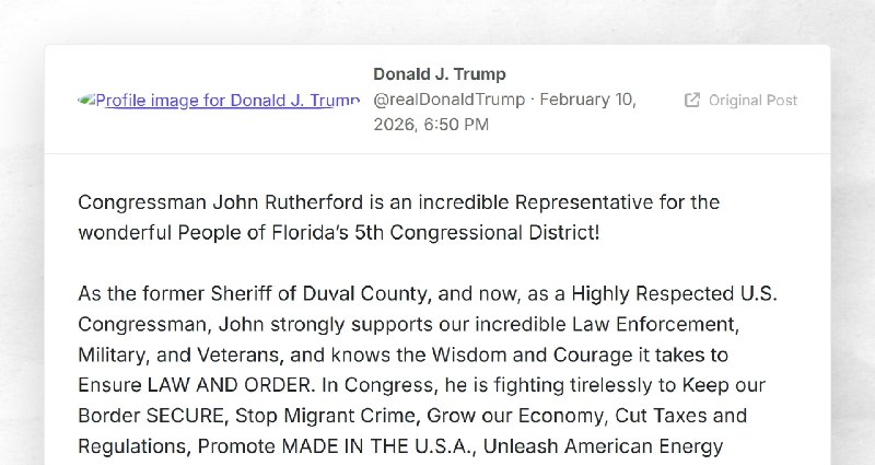 Donald J. Trump: "Congressman John Rutherford is an incredible Representative for the wonderfu...
