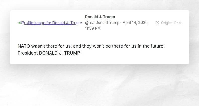 Donald J. Trump: "NATO wasn’t there for us, and they won’t be there for us in the future! Pres...