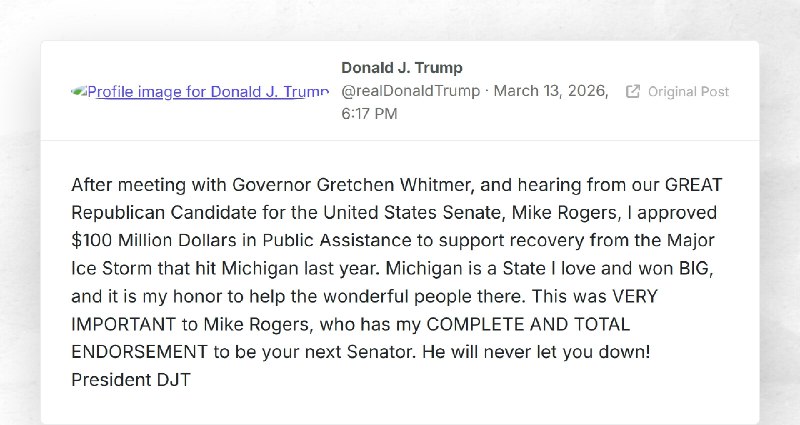 Donald J. Trump: "After meeting with Governor Gretchen Whitmer, and hearing from our GREAT Rep...