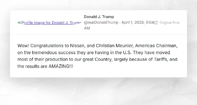 Donald J. Trump: "Wow! Congratulations to Nissan, and Christian Meunier, Americas Chairman, on...