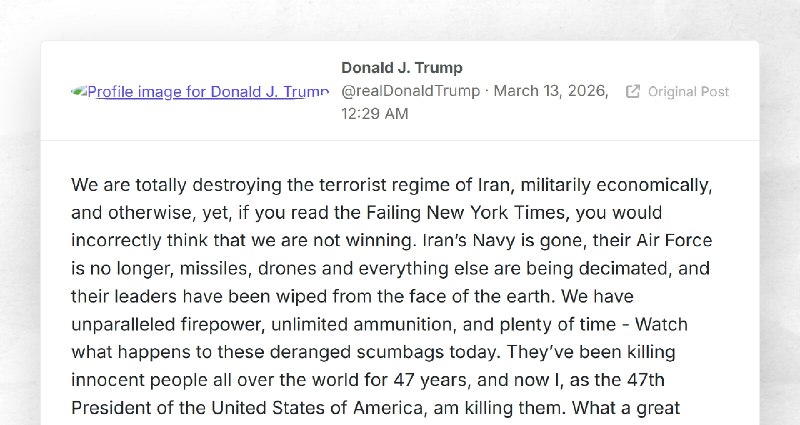 Donald J. Trump: "We are totally destroying the terrorist regime of Iran, militarily economica...
