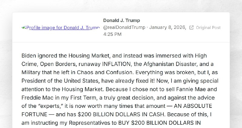 Donald J. Trump: "Biden ignored the Housing Market, and instead was immersed with High Crime, ...