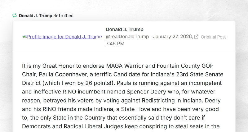Donald J. Trump: "RT @realDonaldTrumpIt is my Great Honor to endorse MAGA Warrior and Fountain...