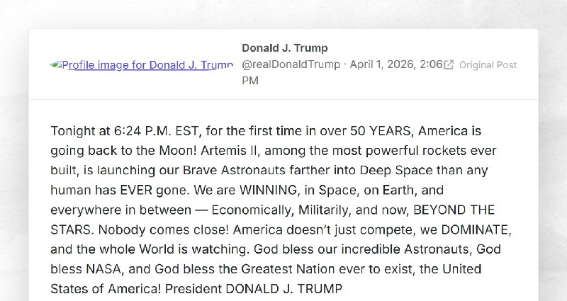 Donald J. Trump: "Tonight at 6:24 P.M. EST, for the first time in over 50 YEARS, America is go...
