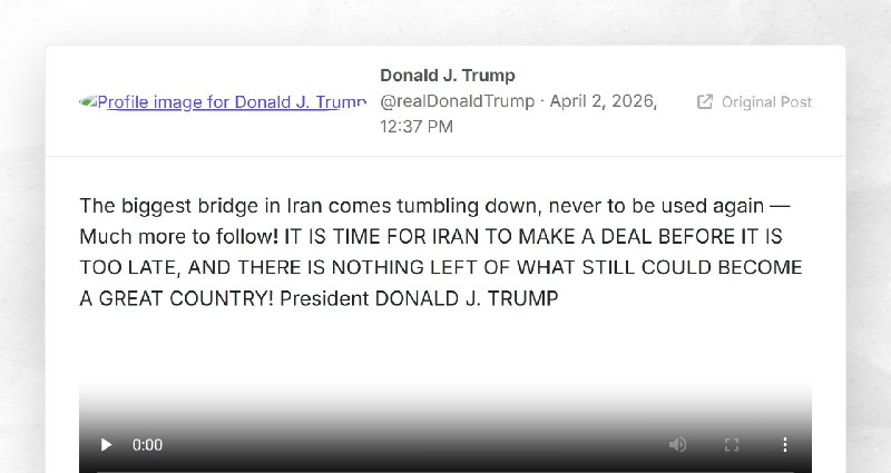 Donald J. Trump: "The biggest bridge in Iran comes tumbling down, never to be used again — Muc...