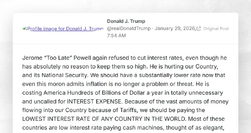 Donald J. Trump: "Jerome “Too Late” Powell again refused to cut interest rates, even though he...