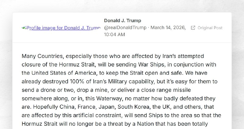 Donald J. Trump: "Many Countries, especially those who are affected by Iran’s attempted closur...
