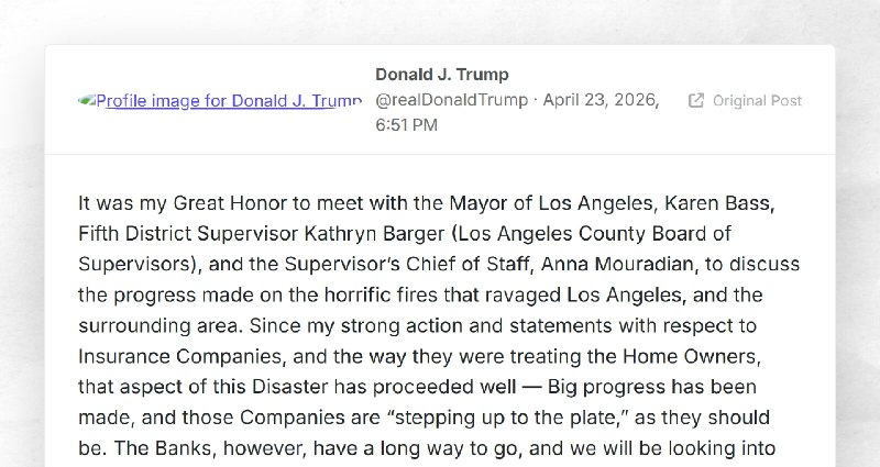 Donald J. Trump: "It was my Great Honor to meet with the Mayor of Los Angeles, Karen Bass, Fif...