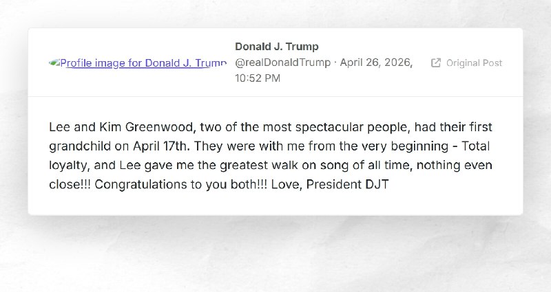 Donald J. Trump: "Lee and Kim Greenwood, two of the most spectacular people, had their first g...