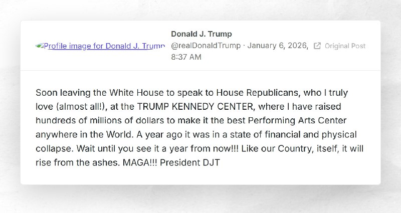 Donald J. Trump: "Soon leaving the White House to speak to House Republicans, who I truly love...