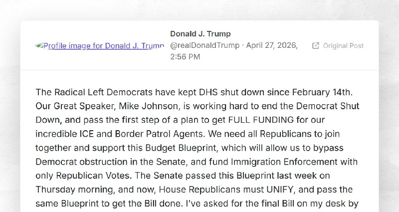 Donald J. Trump: "The Radical Left Democrats have kept DHS shut down since February 14th. Our ...