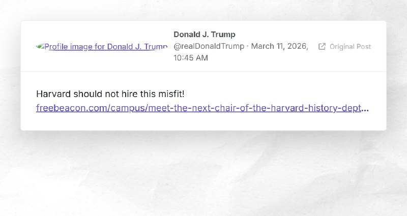 Donald J. Trump: "Harvard should not hire this misfit!https://freebeacon.com/campus/meet-the-n...