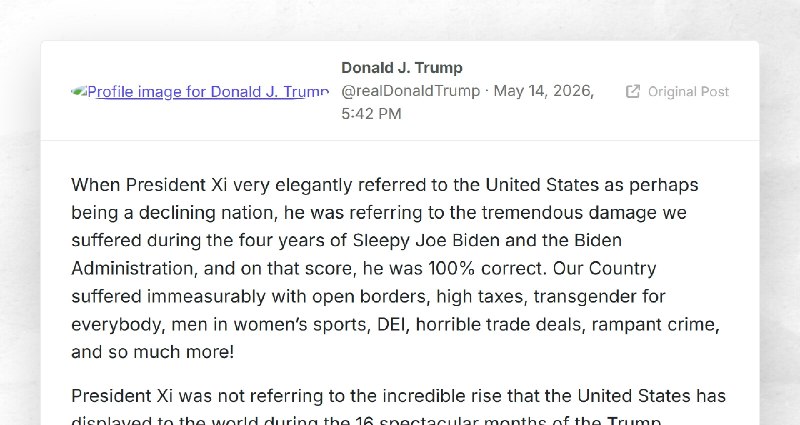 Donald J. Trump: "When President Xi very elegantly referred to the United States as perhaps be...