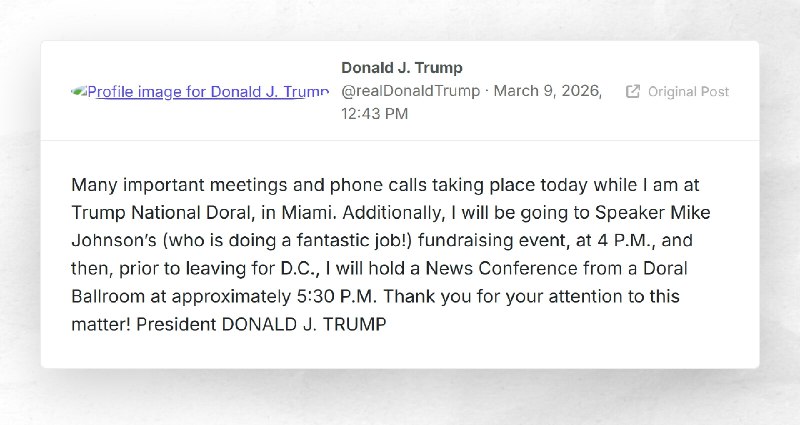 Donald J. Trump: "Many important meetings and phone calls taking place today while I am at Tru...