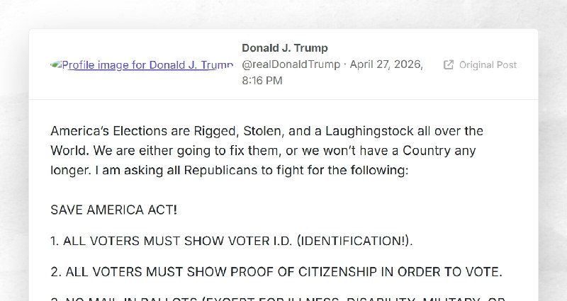 Donald J. Trump: "America’s Elections are Rigged, Stolen, and a Laughingstock all over the Wor...
