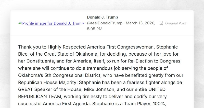 Donald J. Trump: "Thank you to Highly Respected America First Congresswoman, Stephanie Bice, o...