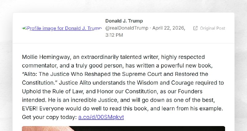Donald J. Trump: "Mollie Hemingway, an extraordinarily talented writer, highly respected comme...
