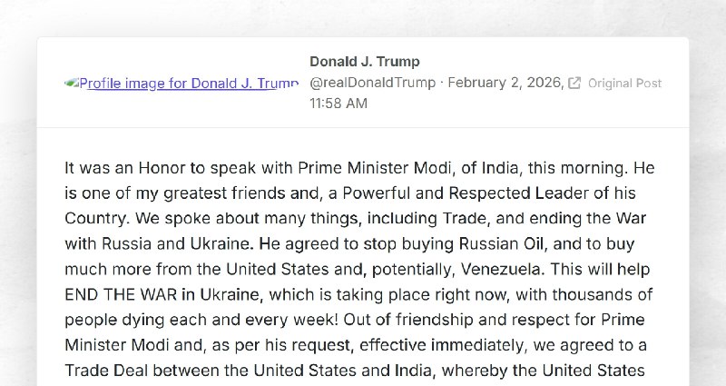 Donald J. Trump: "It was an Honor to speak with Prime Minister Modi, of India, this morning.&nbsp;H...