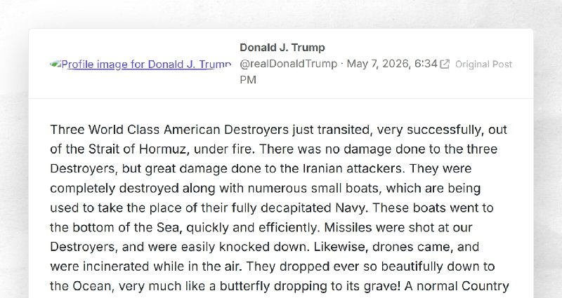 Donald J. Trump: "Three World Class American Destroyers just transited, very successfully, out...